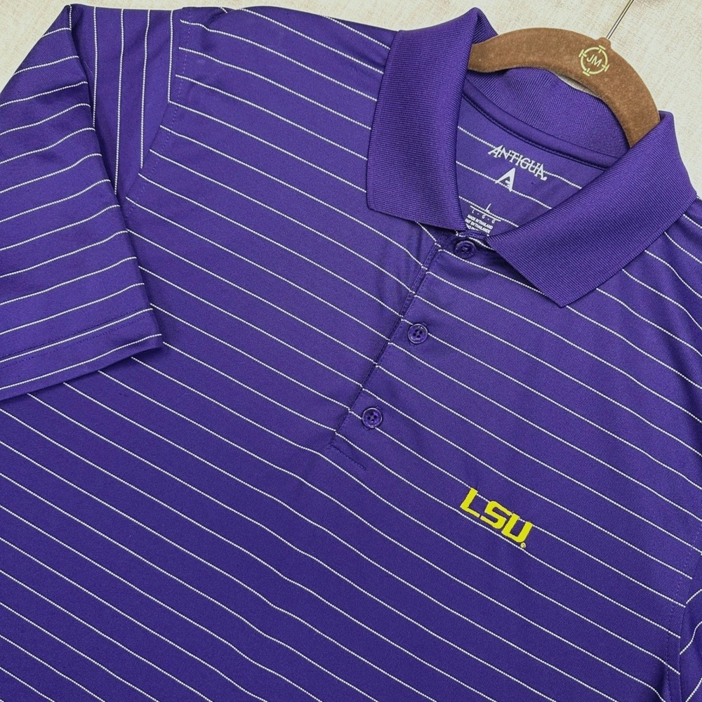 LSU Tigers Polo Shirt Mens L Purple White Striped NCAA Football Golf Antigua